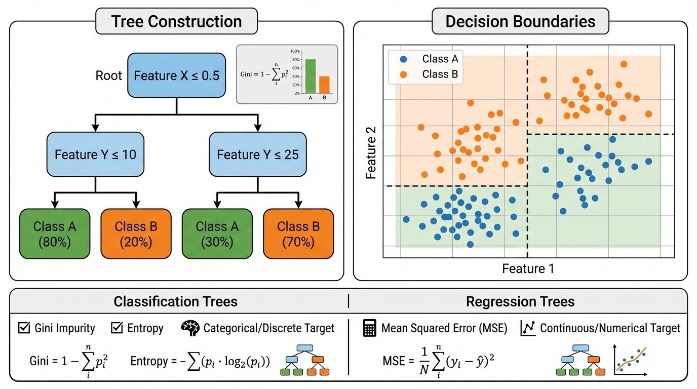 Decision tree construction with Gini impurity and decision boundaries