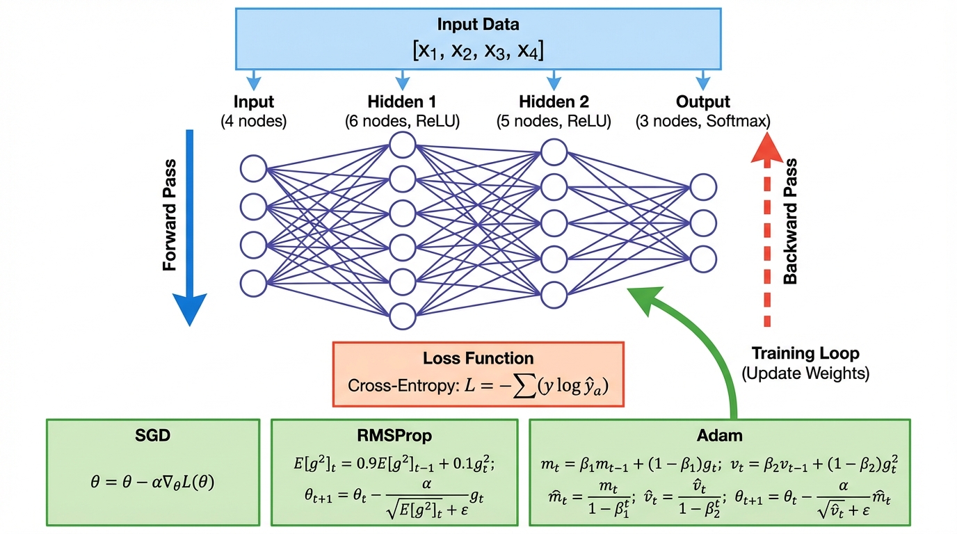 Neural network training pipeline with forward pass, backpropagation, and optimizer comparison